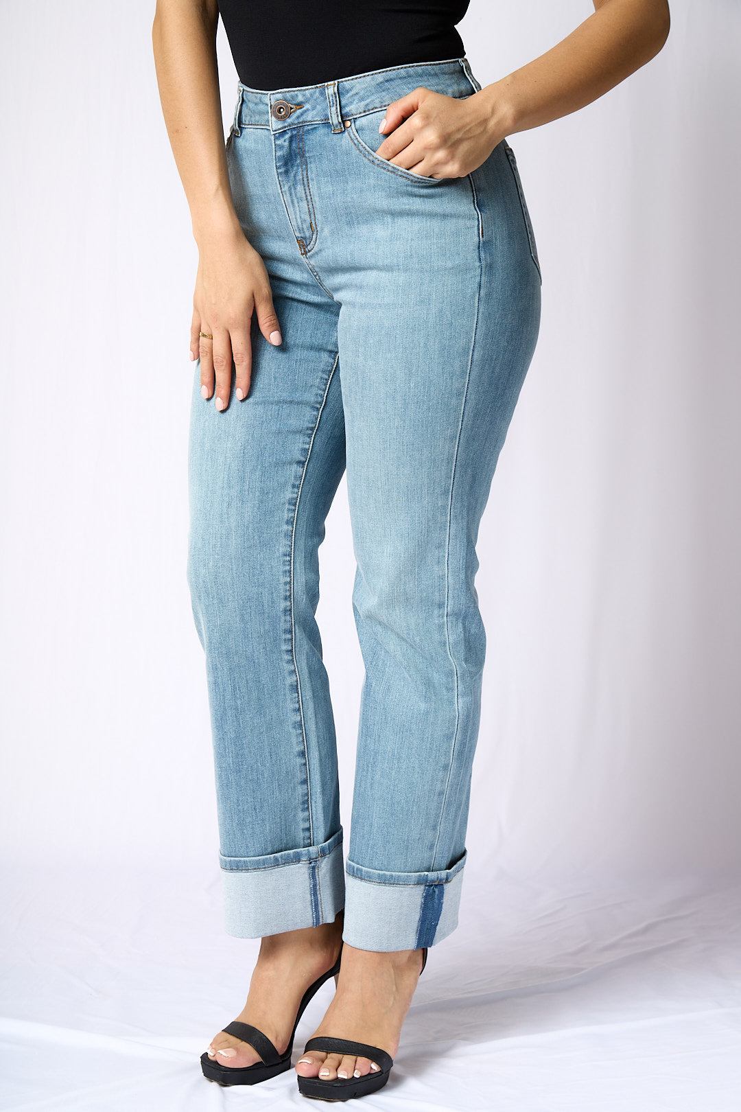 ZIDA Women's Mid Blue Cuffed Jean - Office Lady, Elegant, Minimalist