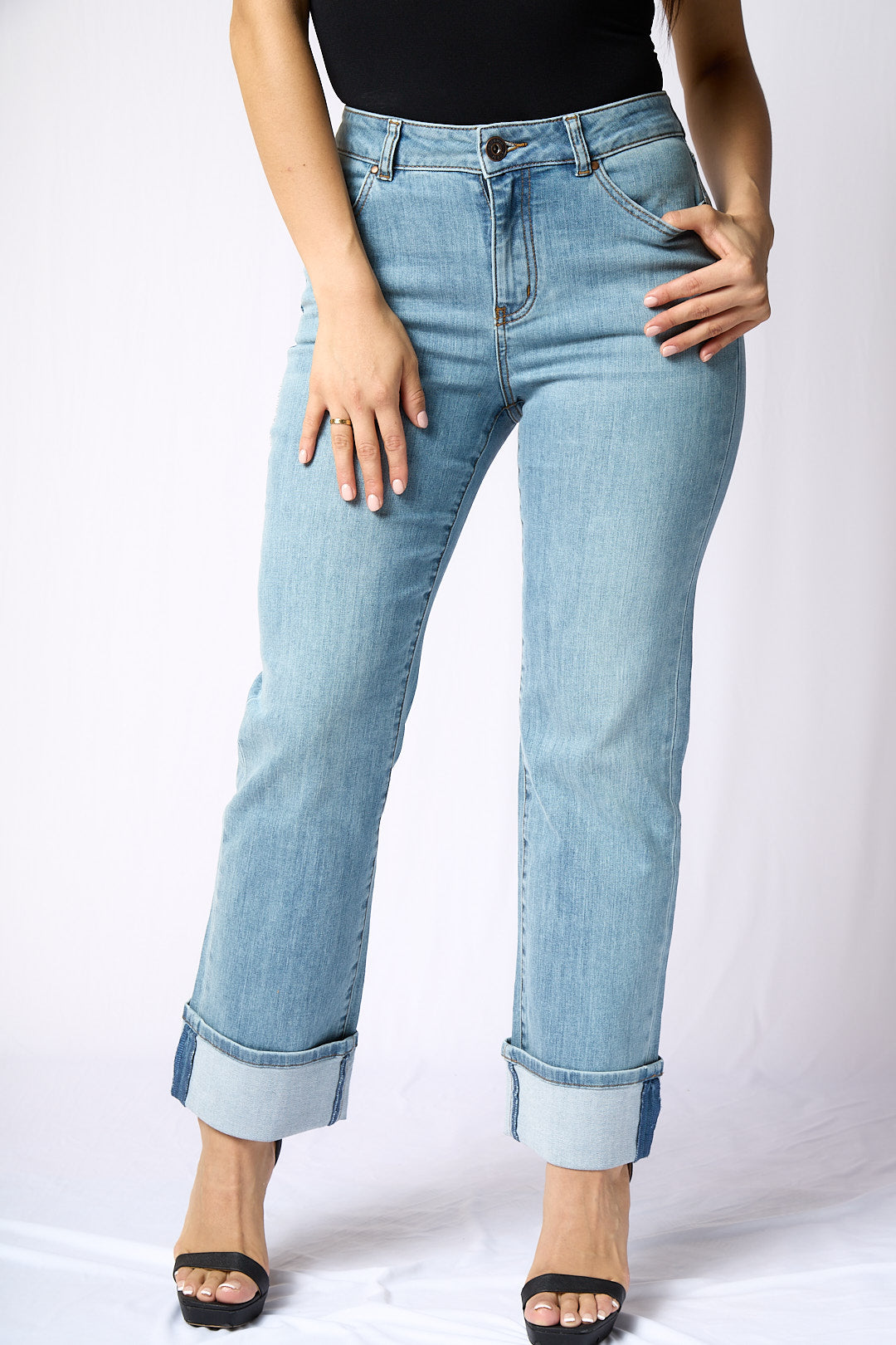 ZIDA Women's Mid Blue Cuffed Jean - Office Lady, Elegant, Minimalist