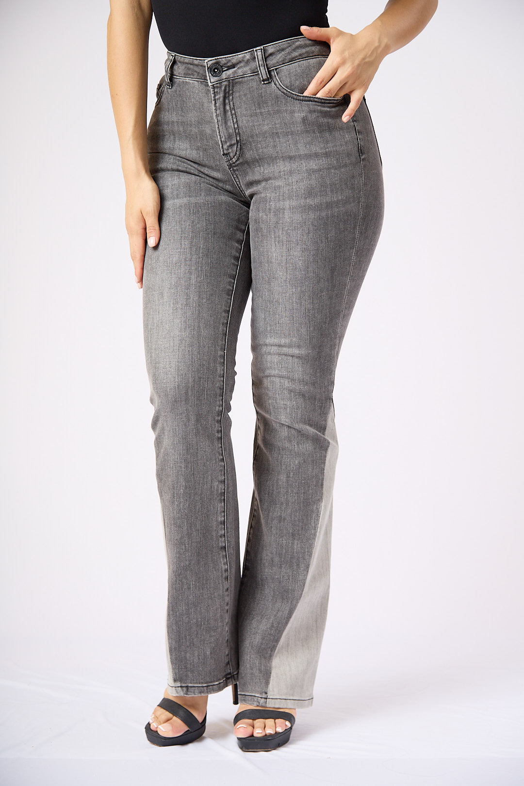 ZIDA Women's Charcoal Chic Flared Jeans - Faded Whisker Detail, Retro-Inspired Hem Denim