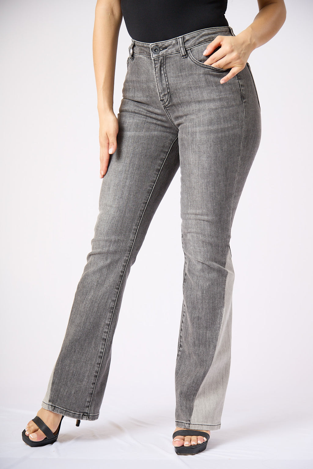 ZIDA Women's Charcoal Chic Flared Jeans - Faded Whisker Detail, Retro-Inspired Hem Denim