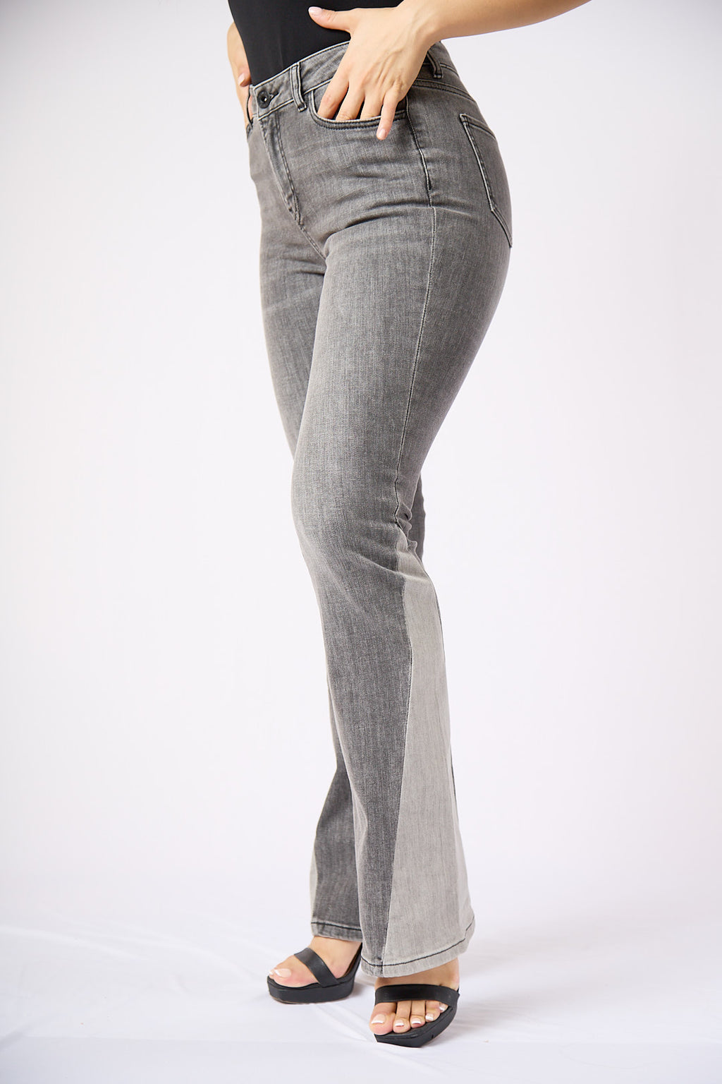 ZIDA Women's Charcoal Chic Flared Jeans - Faded Whisker Detail, Retro-Inspired Hem Denim