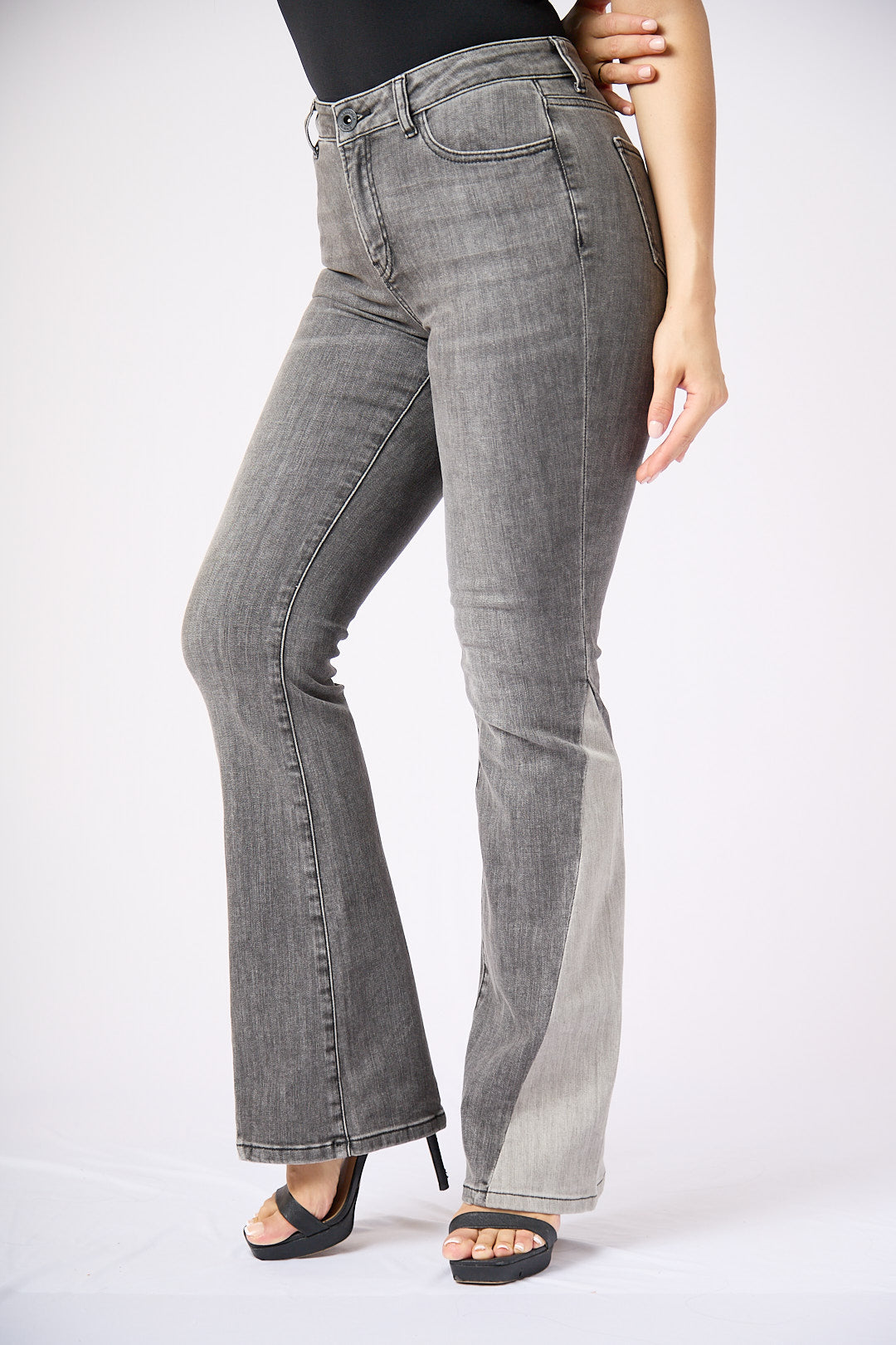 ZIDA Women's Charcoal Chic Flared Jeans - Faded Whisker Detail, Retro-Inspired Hem Denim