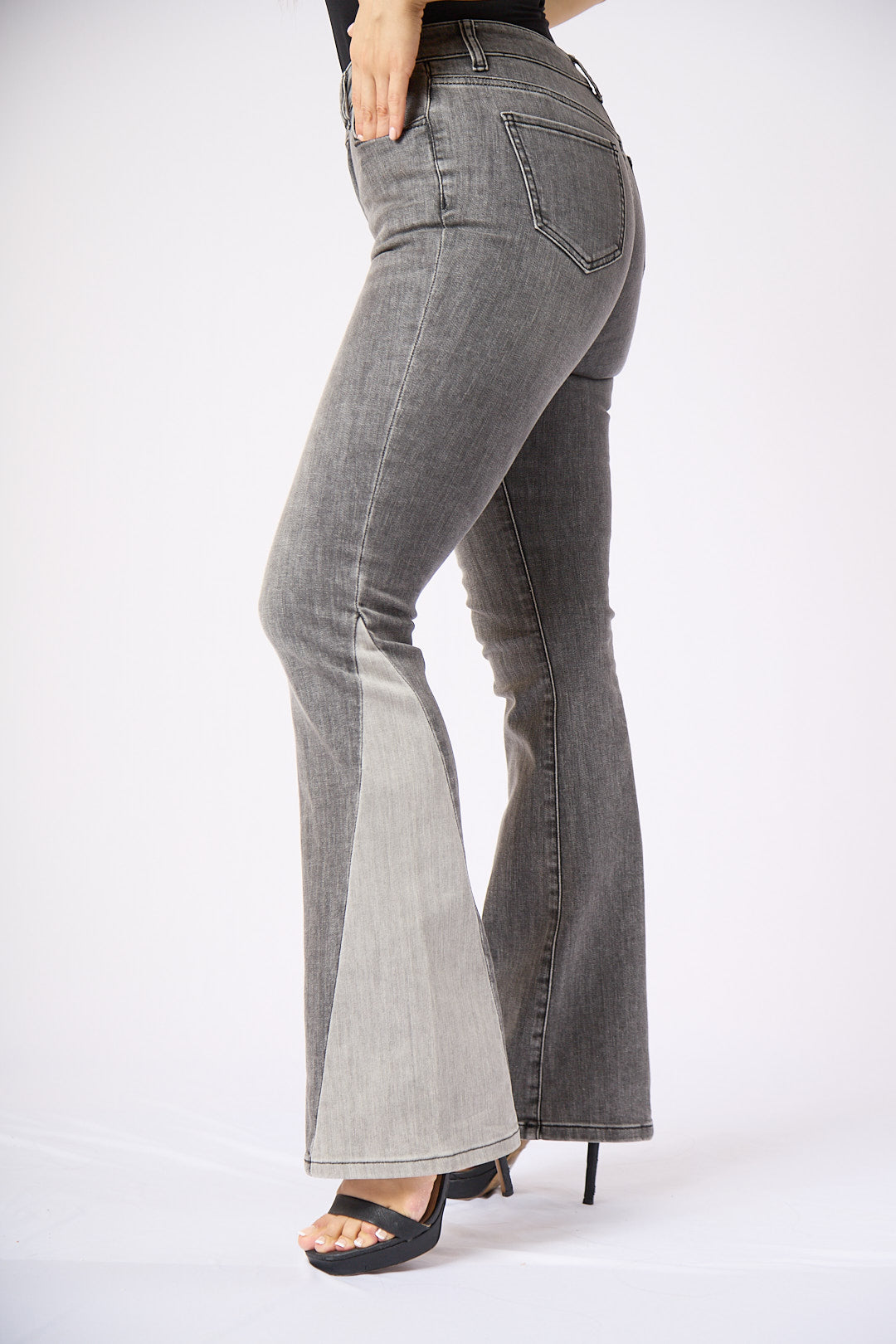 ZIDA Women's Charcoal Chic Flared Jeans - Faded Whisker Detail, Retro-Inspired Hem Denim