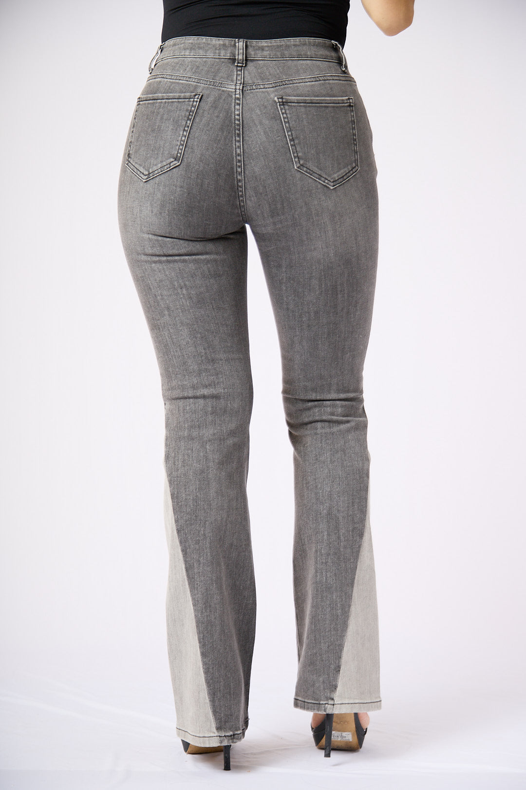 ZIDA Women's Charcoal Chic Flared Jeans - Faded Whisker Detail, Retro-Inspired Hem Denim