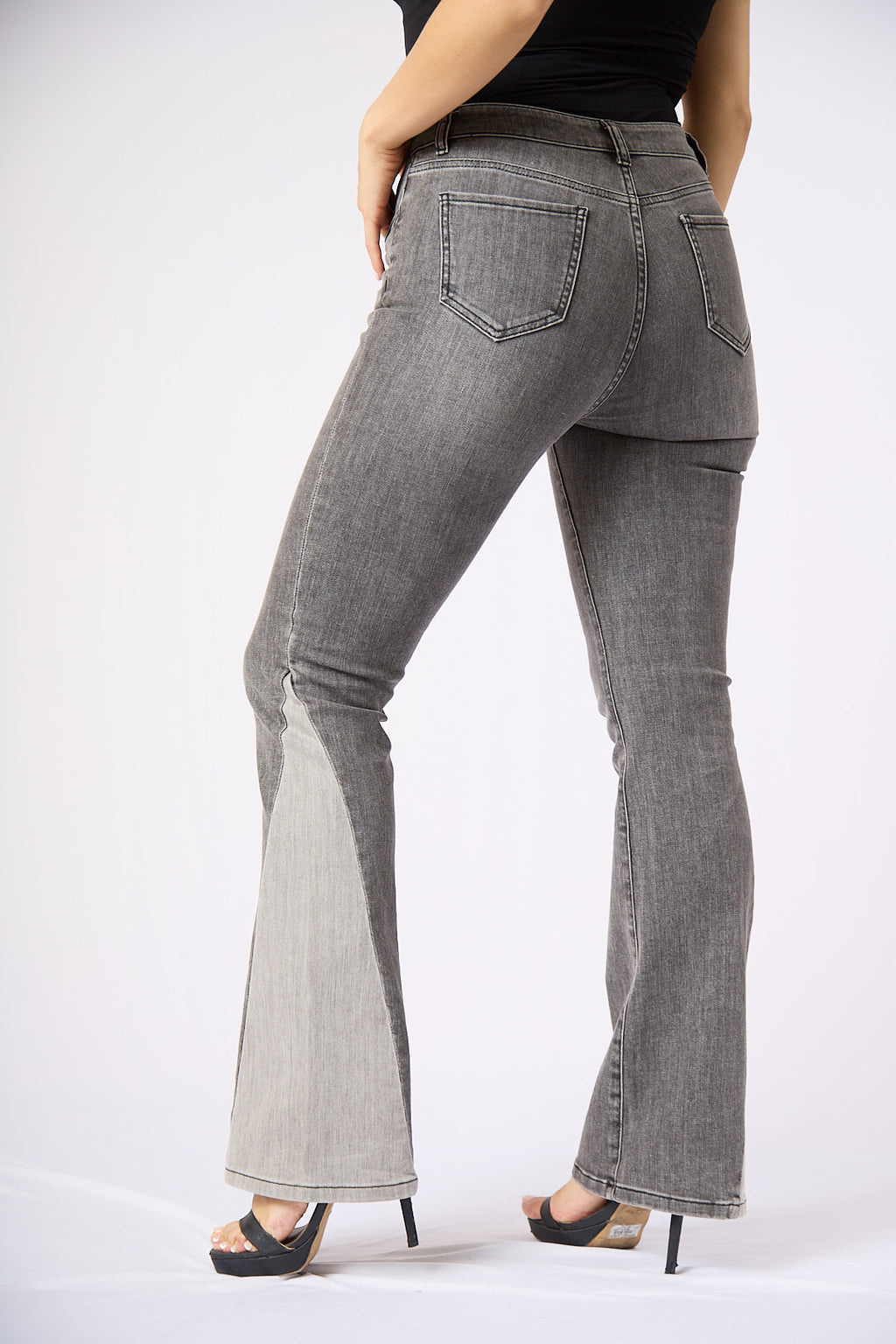 ZIDA Women's Charcoal Chic Flared Jeans - Faded Whisker Detail, Retro-Inspired Hem Denim