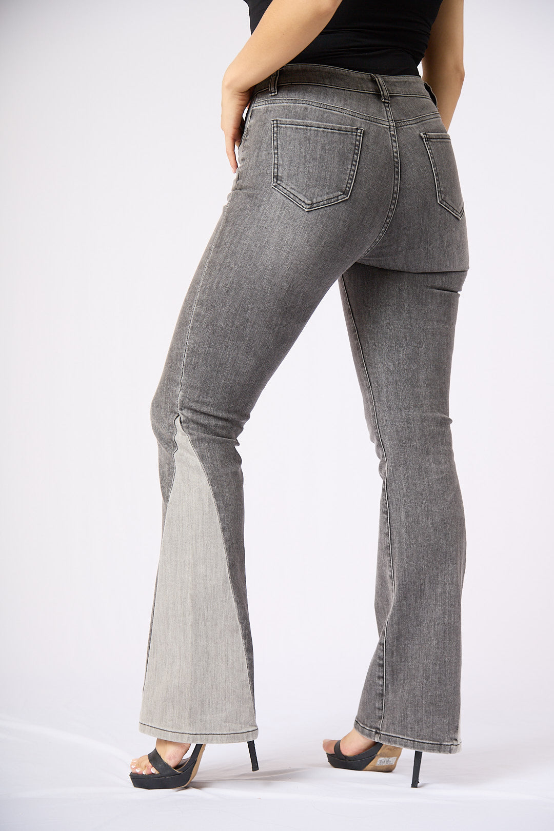 ZIDA Women's Charcoal Chic Flared Jeans - Faded Whisker Detail, Retro-Inspired Hem Denim