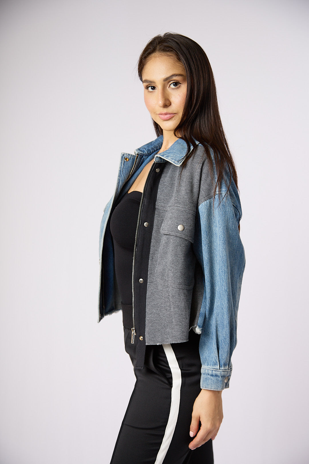 ZIDA Women's Half Denim Half Knitted Jacket - Chic Stylish Fashionable Casual Fit for Various Occasions