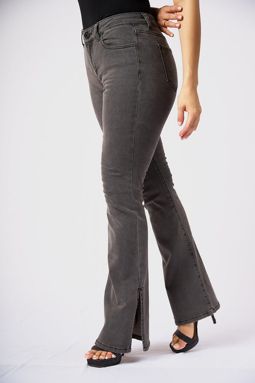 ZIDA Women's Charcoal Grey Flared Jean - Lower Slit, Elegant, Sexy - Zidafashion.com