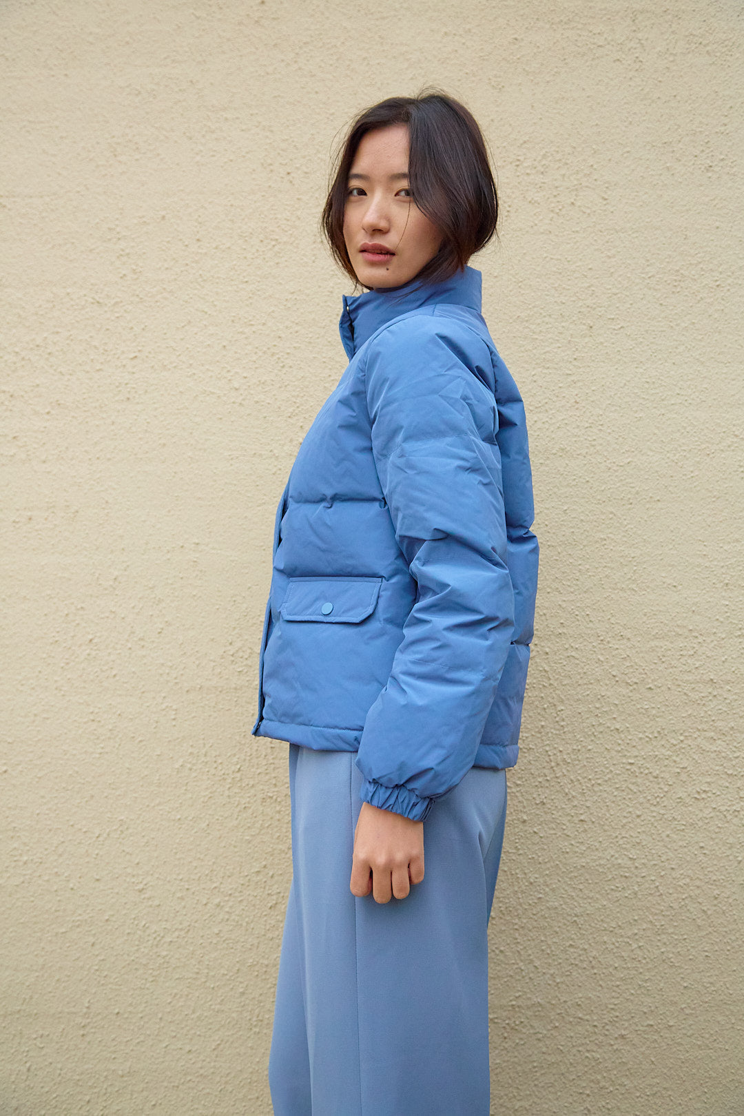 Short Blue Puffer Down Jacket